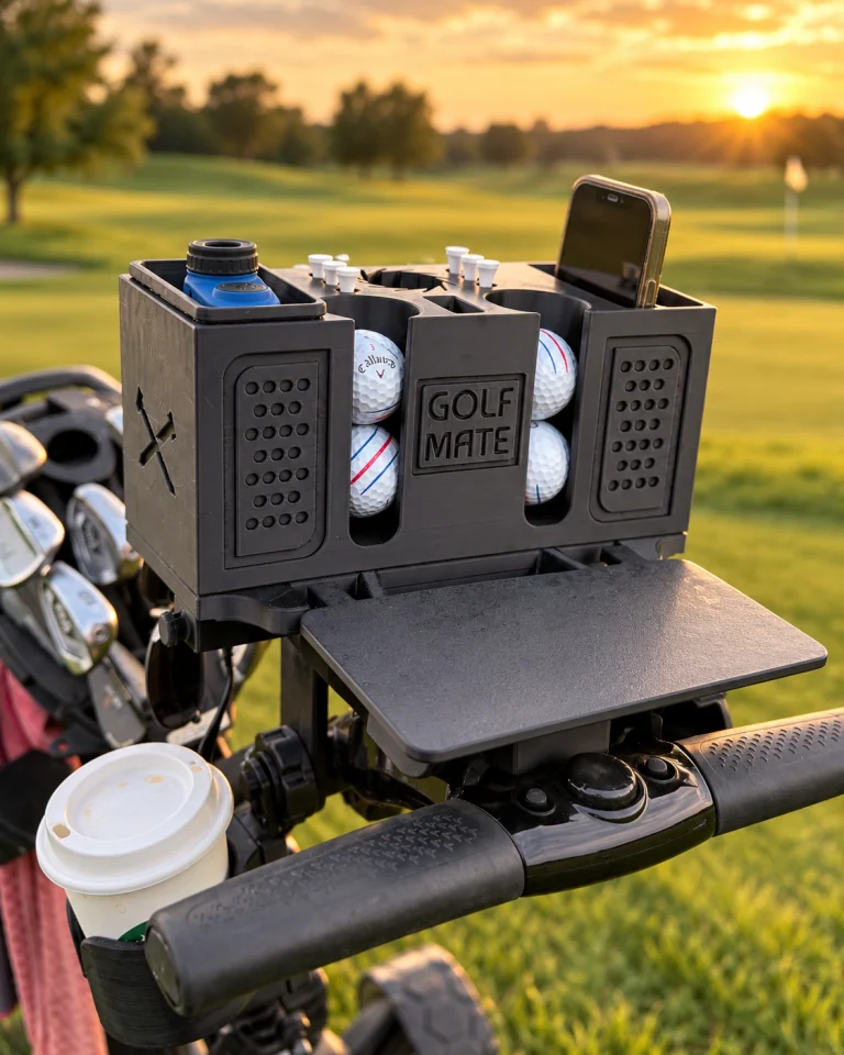 GOLF MATE organizer on a cart at sunset with the foldable table open
