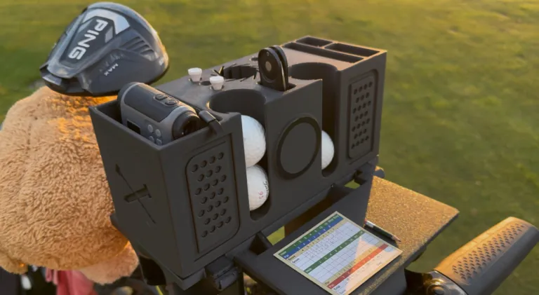 GolfMate Pro on an MGI cart with the foldable scorecard table open